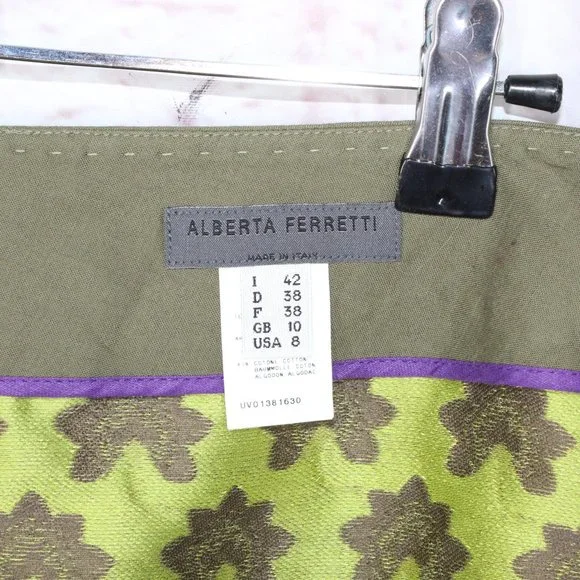 Alberta Ferretti Green Cotton Blend Lotus Flowers Tapestry Pencil Skirt Size 8 - Picture 7 of 10